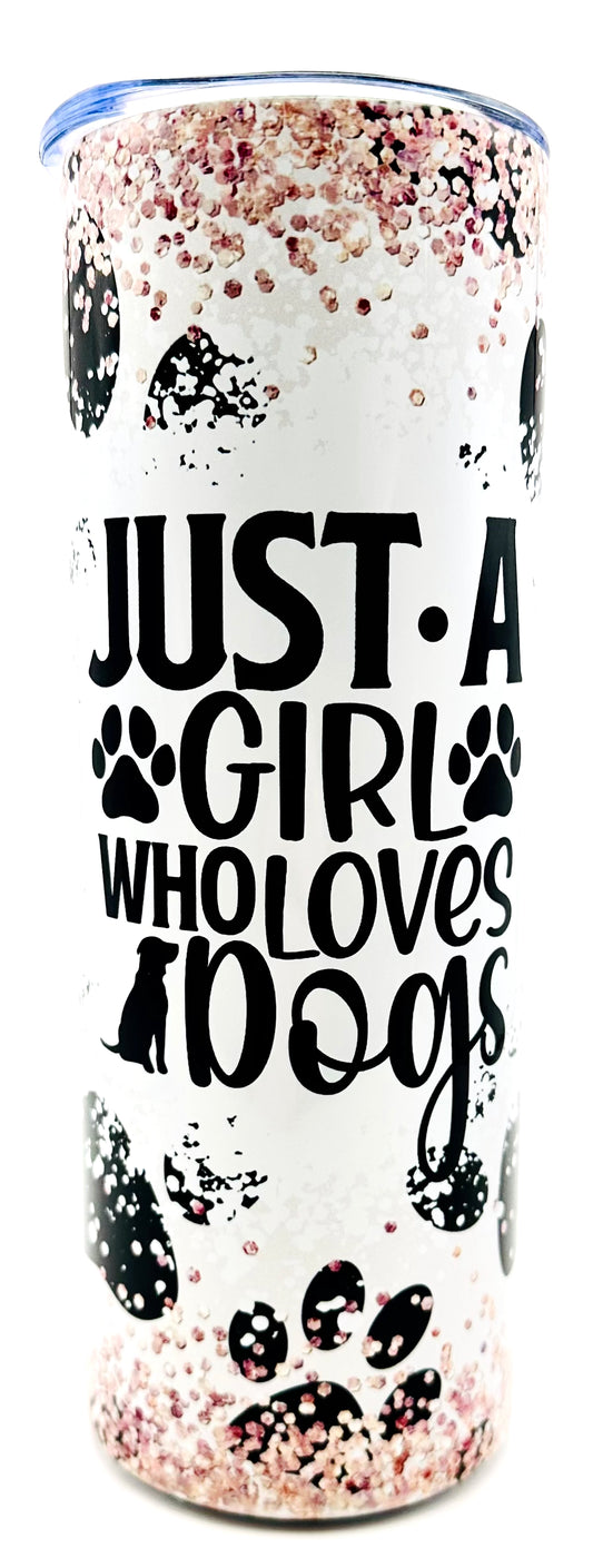 20oz Skinny Handmade Tumbler: "Just a Girl Who Loves Dogs" Glitter Tumbler – A Paw-some Statement for Dog Lovers by Novali Designs